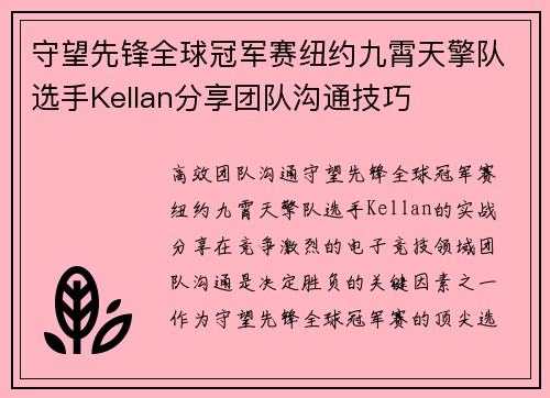 守望先锋全球冠军赛纽约九霄天擎队选手Kellan分享团队沟通技巧