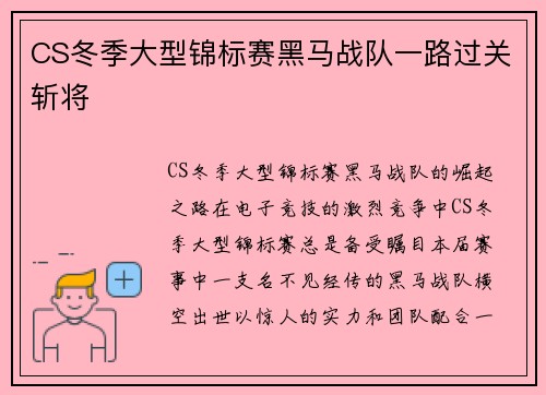 CS冬季大型锦标赛黑马战队一路过关斩将