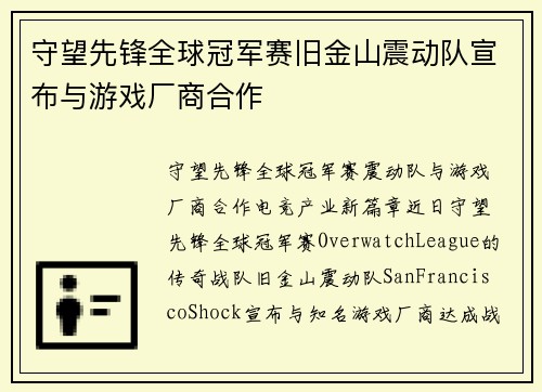 守望先锋全球冠军赛旧金山震动队宣布与游戏厂商合作