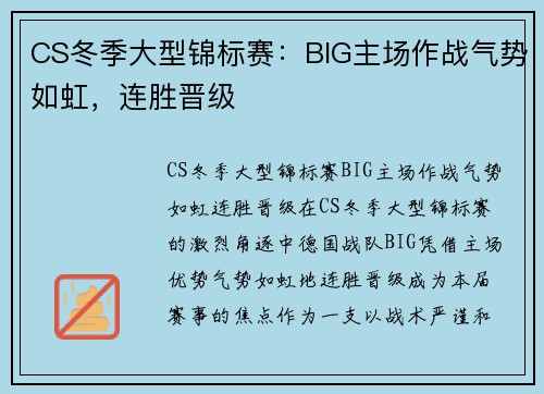 CS冬季大型锦标赛：BIG主场作战气势如虹，连胜晋级