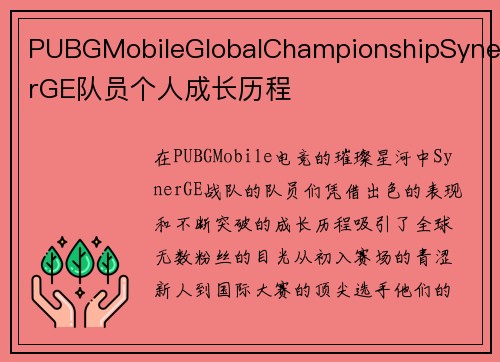PUBGMobileGlobalChampionshipSynerGE队员个人成长历程