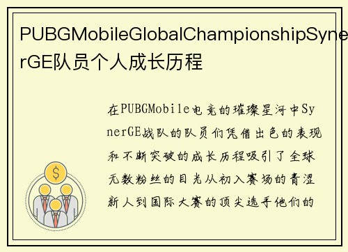 PUBGMobileGlobalChampionshipSynerGE队员个人成长历程