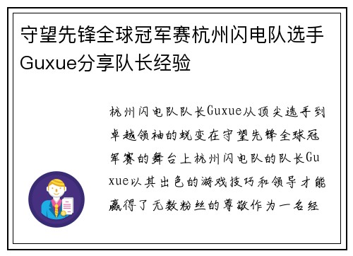 守望先锋全球冠军赛杭州闪电队选手Guxue分享队长经验