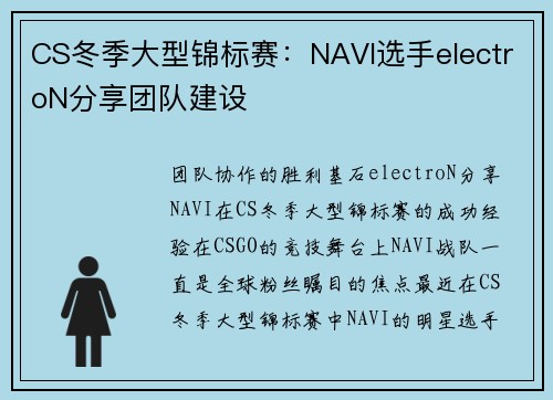 CS冬季大型锦标赛：NAVI选手electroN分享团队建设